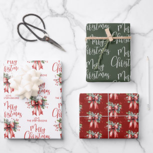 Modern Merry Christmas Script Red Bow Holly Name Wrapping Paper Sheets