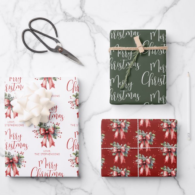 Modern Merry Christmas Script Red Bow Holly Name Wrapping Paper Sheets (Front)