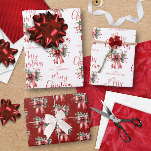 Modern Merry Christmas Script Red Bow Holly Name Wrapping Paper Sheets