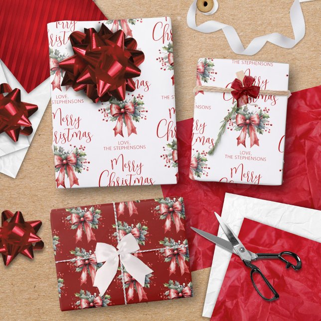 Modern Merry Christmas Script Red Bow Holly Name Wrapping Paper Sheets (Creator Uploaded)