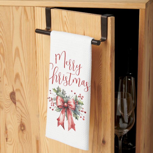 Modern Merry Christmas Script Red Bow Kitchen Towel (Thirds Fold)