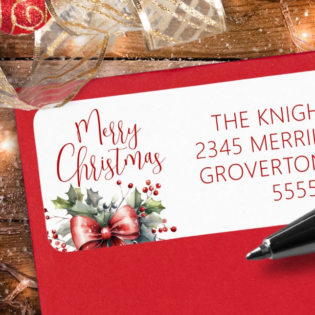 Modern Merry Christmas Script Red Bow Label (Creator Uploaded)