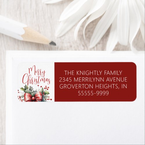 Modern Merry Christmas Script Red Bow Label