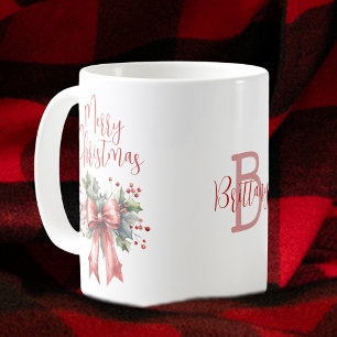 Modern Merry Christmas Script Red Bow Personalized Coffee Mug