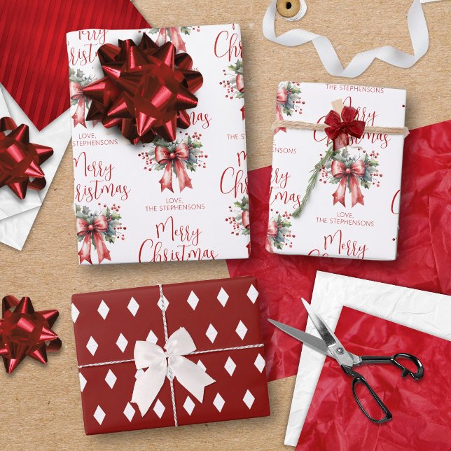 Modern Merry Christmas Script Red Bow Personalized Wrapping Paper Sheets (Creator Uploaded)