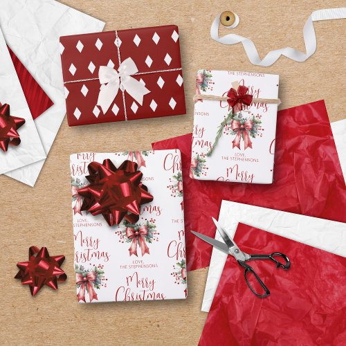 Modern Merry Christmas Script Red Bow Personalized Wrapping Paper Sheets