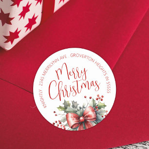 Modern Merry Christmas Script Red Return Address Classic Round Sticker