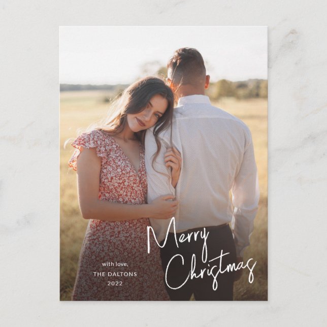 Modern Merry Christmas Script Simple Photo Holiday Postcard (Front)