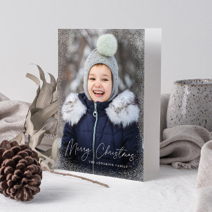 Modern Merry Christmas Script Snow Flurries Photo Holiday Card