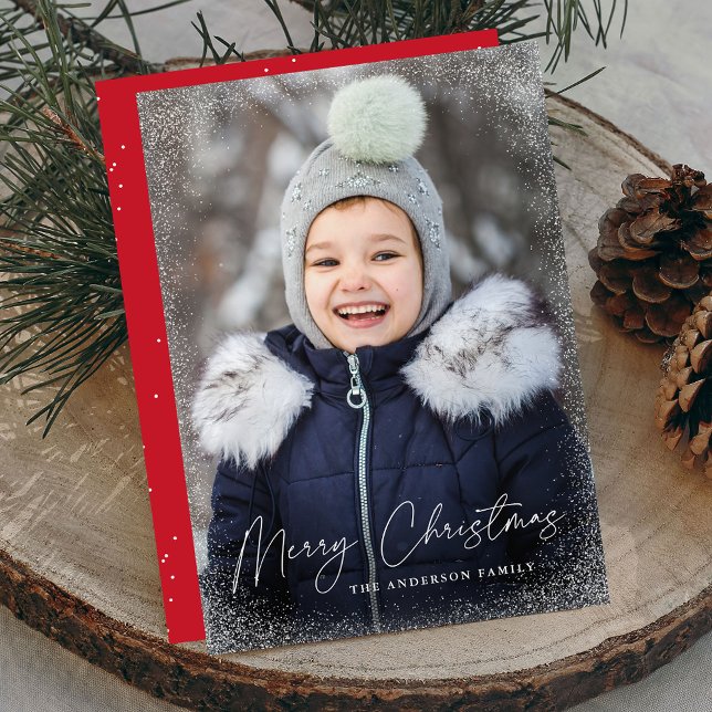 Modern Merry Christmas Script Snow Flurries Photo Holiday Card (Creator Uploaded)