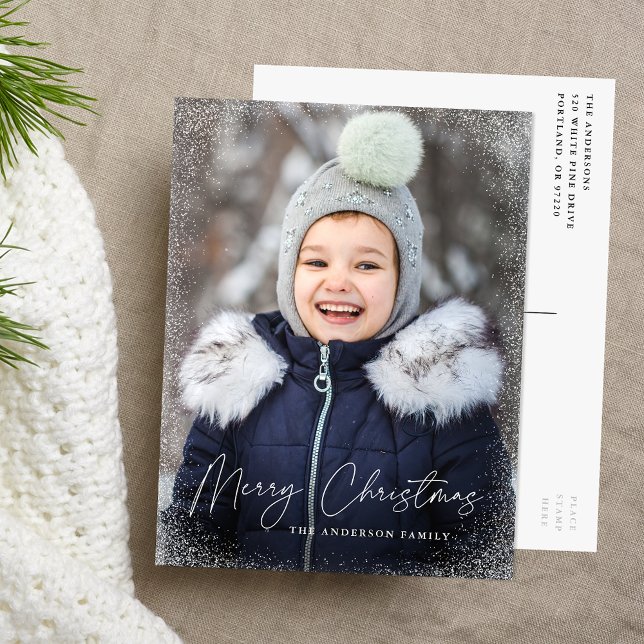 Modern Merry Christmas Script Snow Flurries Photo Holiday Postcard (Creator Uploaded)