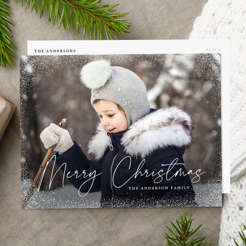 Modern Merry Christmas Script Snow Flurry Photo Holiday Postcard