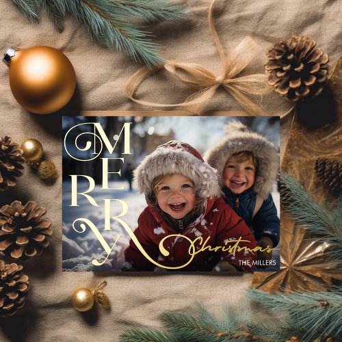 Modern Merry Christmas Script Typography 1 Photo Foil Holiday Card