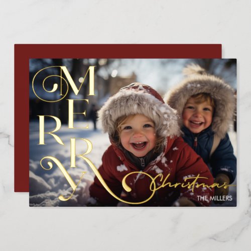 Modern Merry Christmas Script Typography 1 Photo Foil Holiday Card
