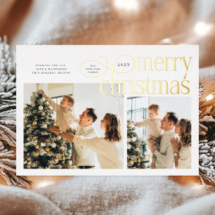 Modern Merry Christmas simple 2 photos family  Foil Holiday Card
