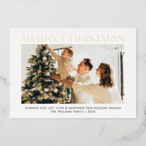 Modern Merry Christmas simple 4 photos family  Foil Holiday Card