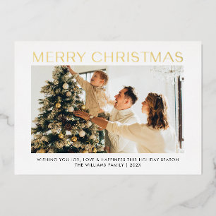 Modern Merry Christmas simple one photo family Foil Holiday Card