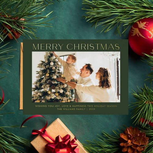 Modern Merry Christmas simple one photo family  Foil Holiday Card