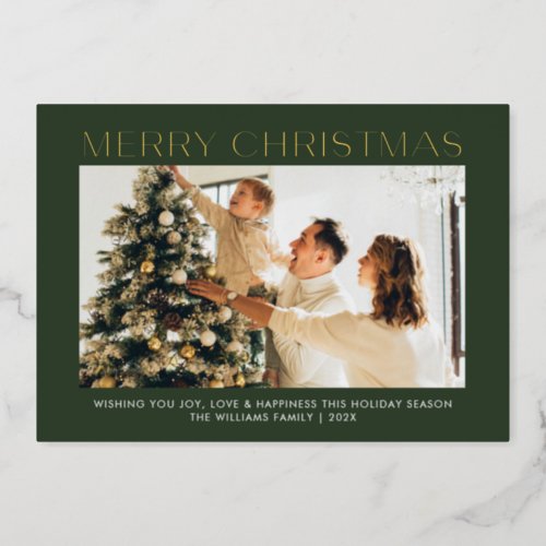Modern Merry Christmas simple one photo family  Foil Holiday Card