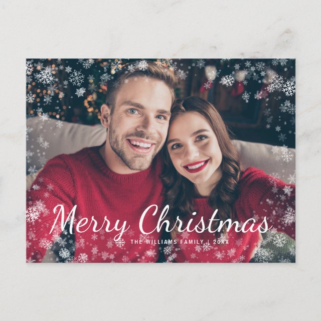 Modern Merry Christmas Snow Family Photo Holiday Postcard (Front)