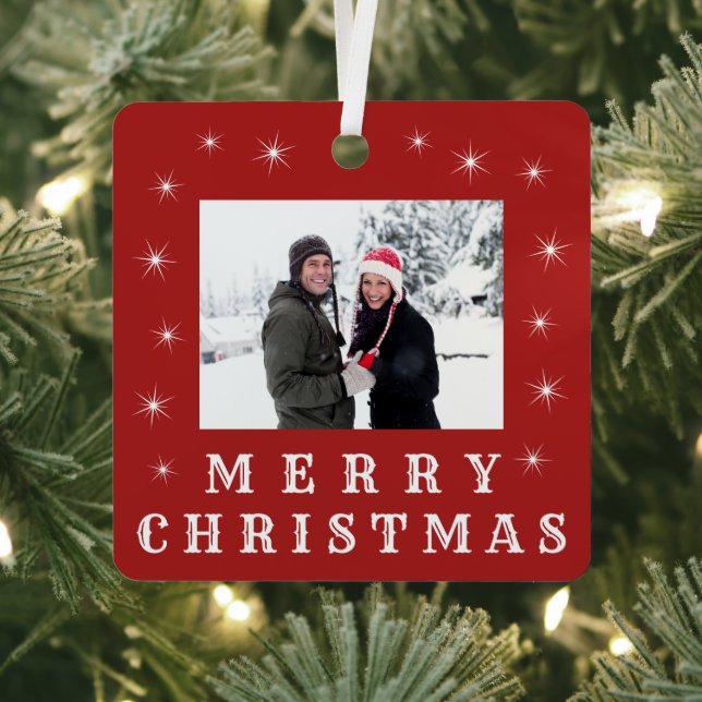 Modern Merry Christmas Snow Family Photo Red Metal Ornament (Insitu)