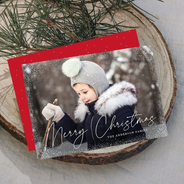 Modern Merry Christmas Snow Flurries Red Photo Holiday Card (Creator Uploaded)