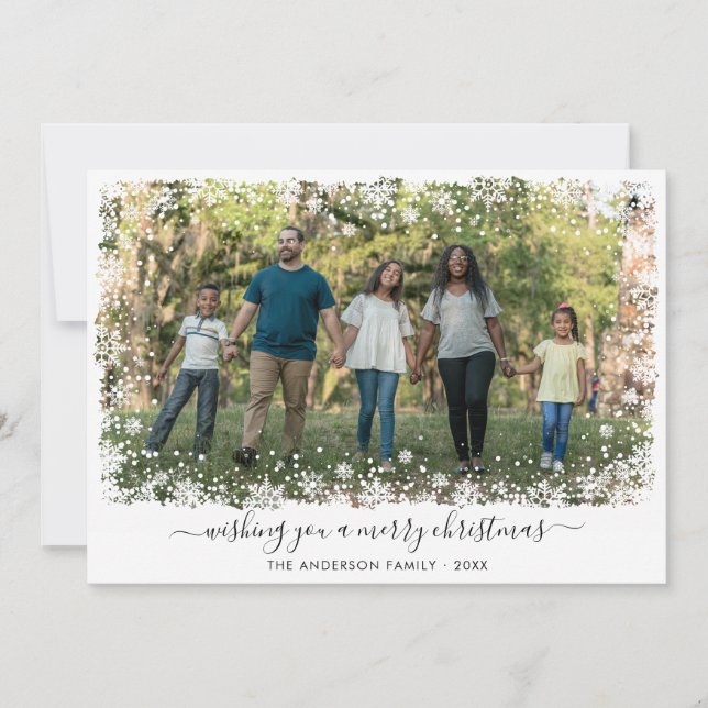 Modern Merry Christmas Snow Snowflake Script Photo Holiday Card (Front)