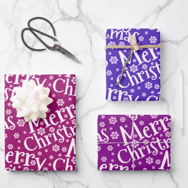 Modern MERRY CHRISTMAS Snowflake Purple Pink Wrapping Paper Sheets (Front)