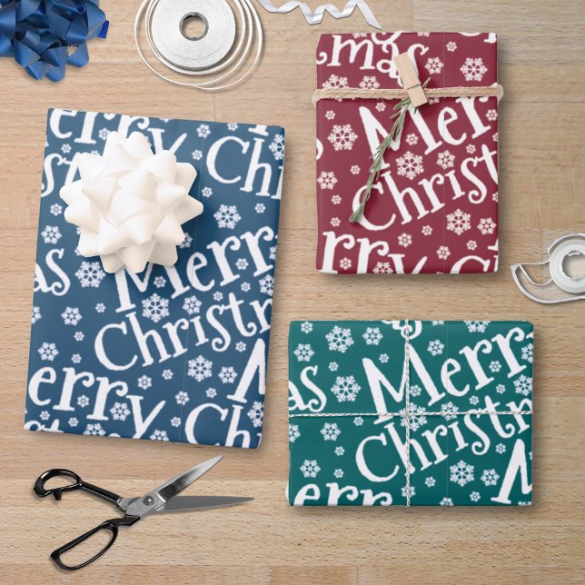 Modern MERRY CHRISTMAS Snowflake Red Green Blue Wrapping Paper Sheets (Creator Uploaded)