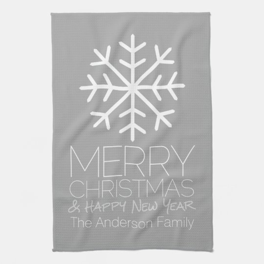 Modern Merry Christmas Snowflake silver gray Kitchen Towel