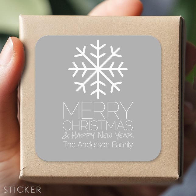 Modern Merry Christmas Snowflake - silver gray Square Sticker (Custom sticker)