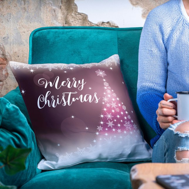 Modern Merry Christmas Snowflake Tree Script Throw Pillow (Creator Uploaded)