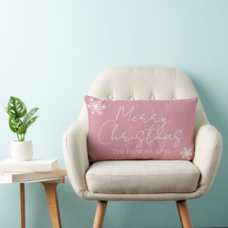 Modern Merry Christmas Snowflakes Family Name Lumb Lumbar Pillow