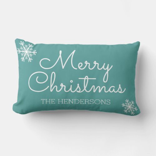 Modern Merry Christmas Snowflakes Family Name Lumbar Pillow