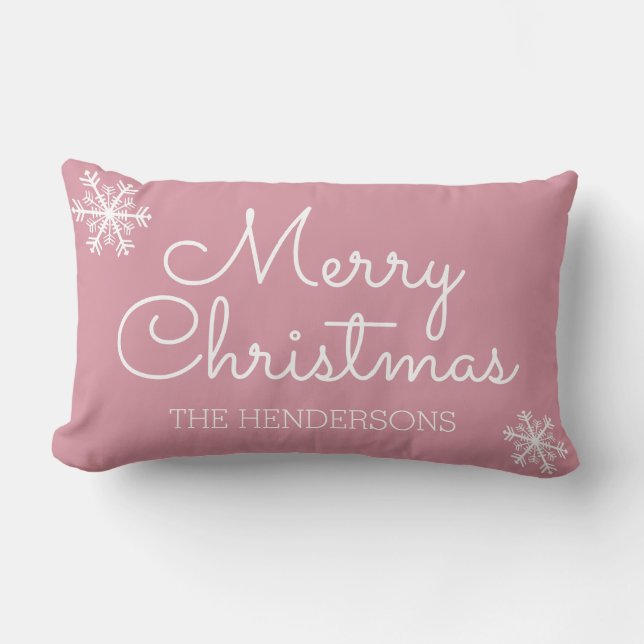 Modern Merry Christmas Snowflakes Family Name Lumbar Pillow (Front)
