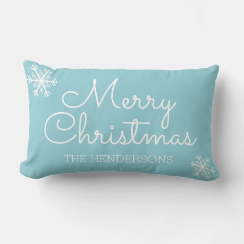 Modern Merry Christmas Snowflakes Family Name Lumbar Pillow