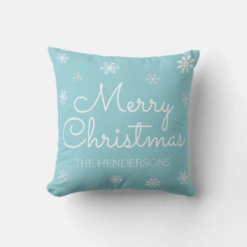 Modern Merry Christmas Snowflakes Family Name Throw Pillow