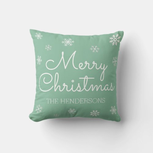 Modern Merry Christmas Snowflakes Family Name Throw Pillow