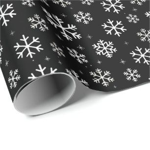 Modern Merry Christmas Snowflakes Pattern Black Wrapping Paper