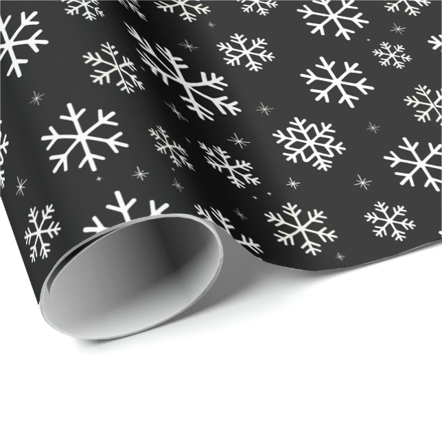 Modern Merry Christmas Snowflakes Pattern Black Wrapping Paper (Roll Corner)