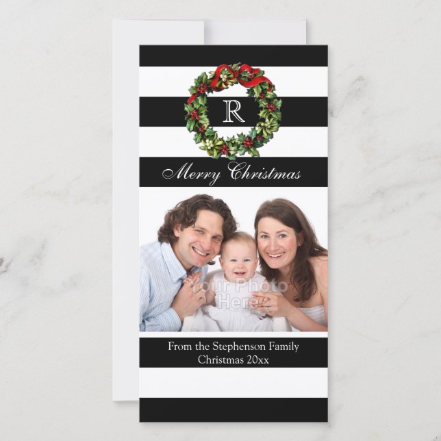 Modern Merry Christmas Striped Black and White Holiday Card (Front)