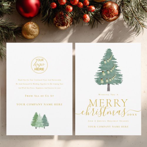 Modern Merry Christmas Tree Business Logo Gold Holiday Card