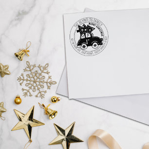 Modern Merry Christmas Tree Car Return Address Rubber Stamp
