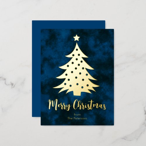 Modern Merry Christmas Tree Custom Name Blue Gold  Foil Holiday Postcard