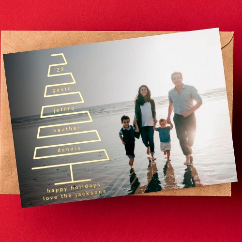 Modern Merry Christmas Tree Custom Names Photo Foil Holiday Card