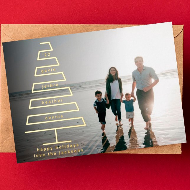 Modern Merry Christmas Tree Custom Names Photo Foil Holiday Card (Creator Uploaded)