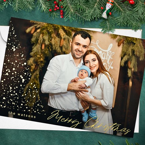 Modern Merry Christmas Tree Custom Photo Foil Holiday Card