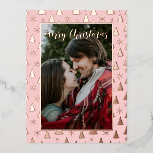 Modern Merry Christmas Tree Custom Photo Rose Gold Foil Holiday Postcard