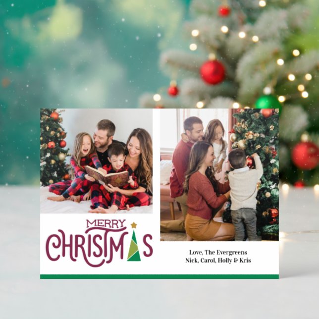 Modern Merry Christmas Tree Family Christmas Letterpress Photo Cards (Front (Into))