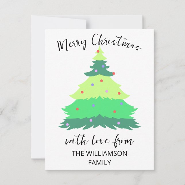 Modern Merry Christmas Tree Family Name Holiday Card (Front)